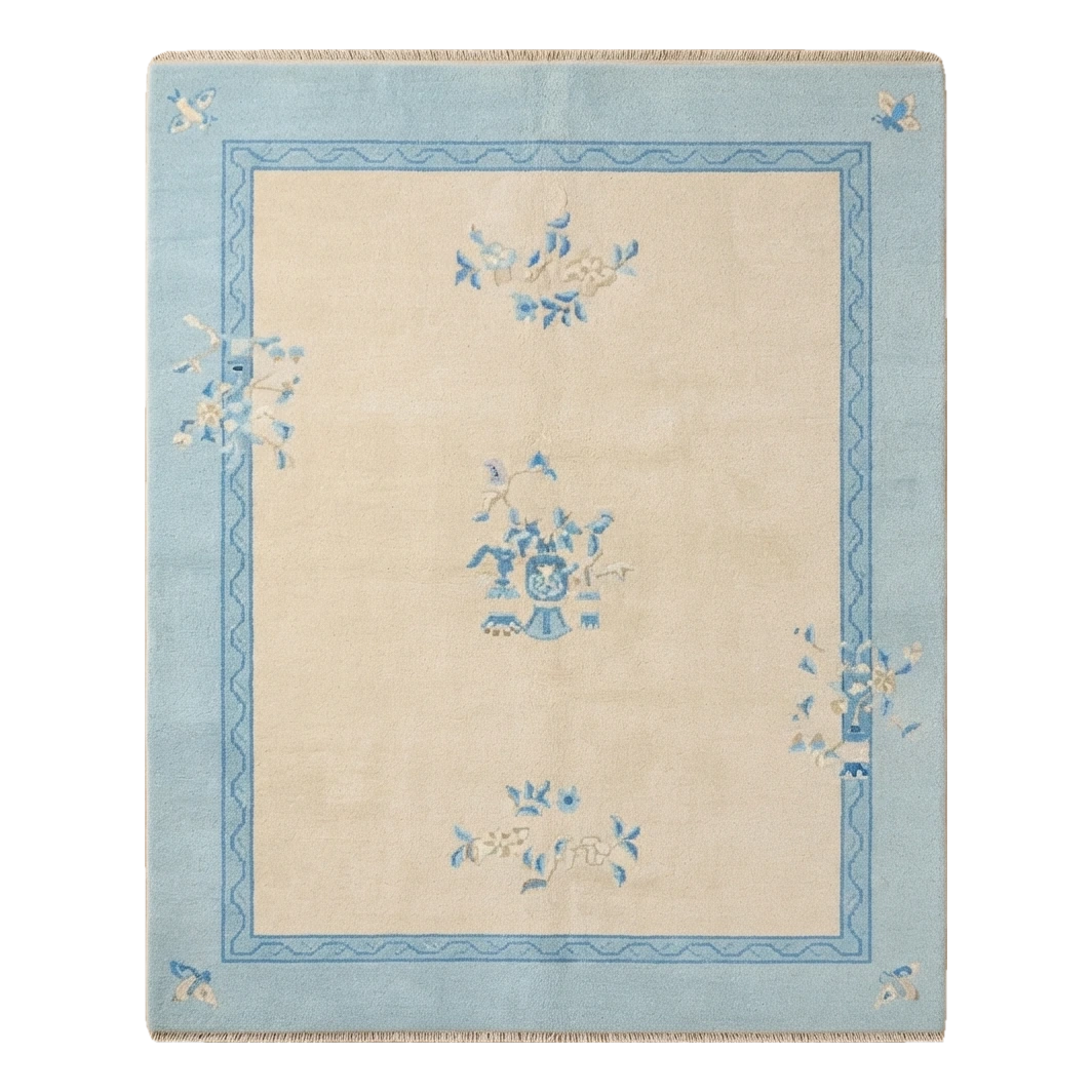Ivory Hand-Knotted Rug with Powder Blue Border and Floral Sprays