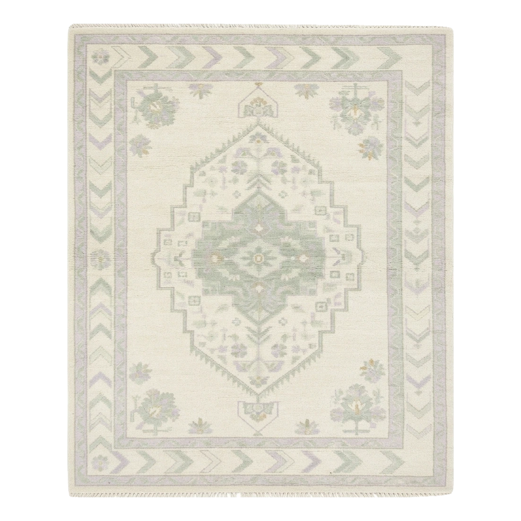 Ivory Hand-Knotted Rug with Sage Medallion and Chevron Border - alternate view
