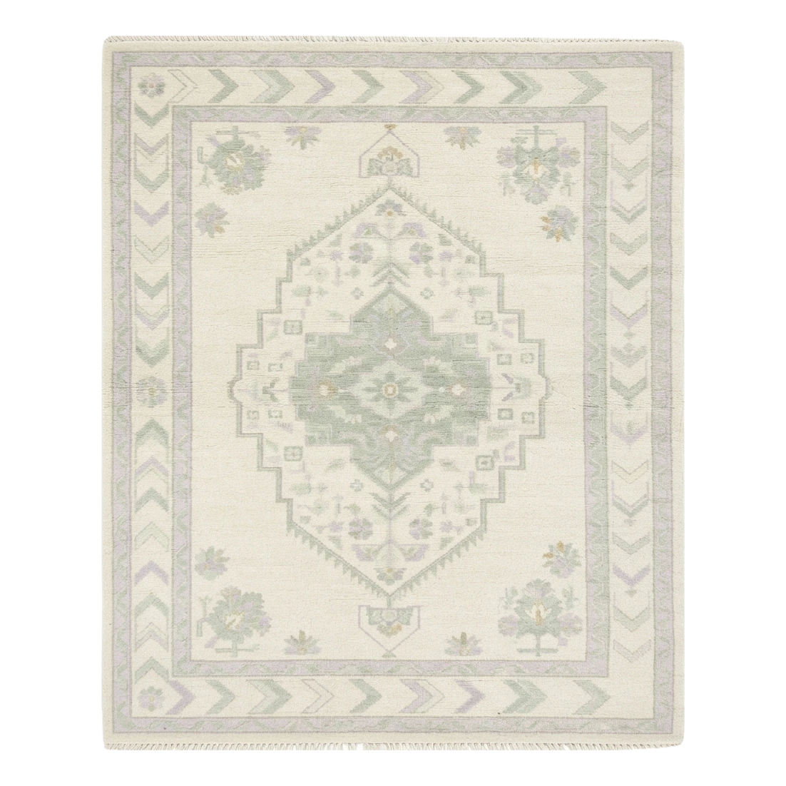 Ivory Hand-Knotted Rug with Sage Medallion and Chevron Border - alternate view