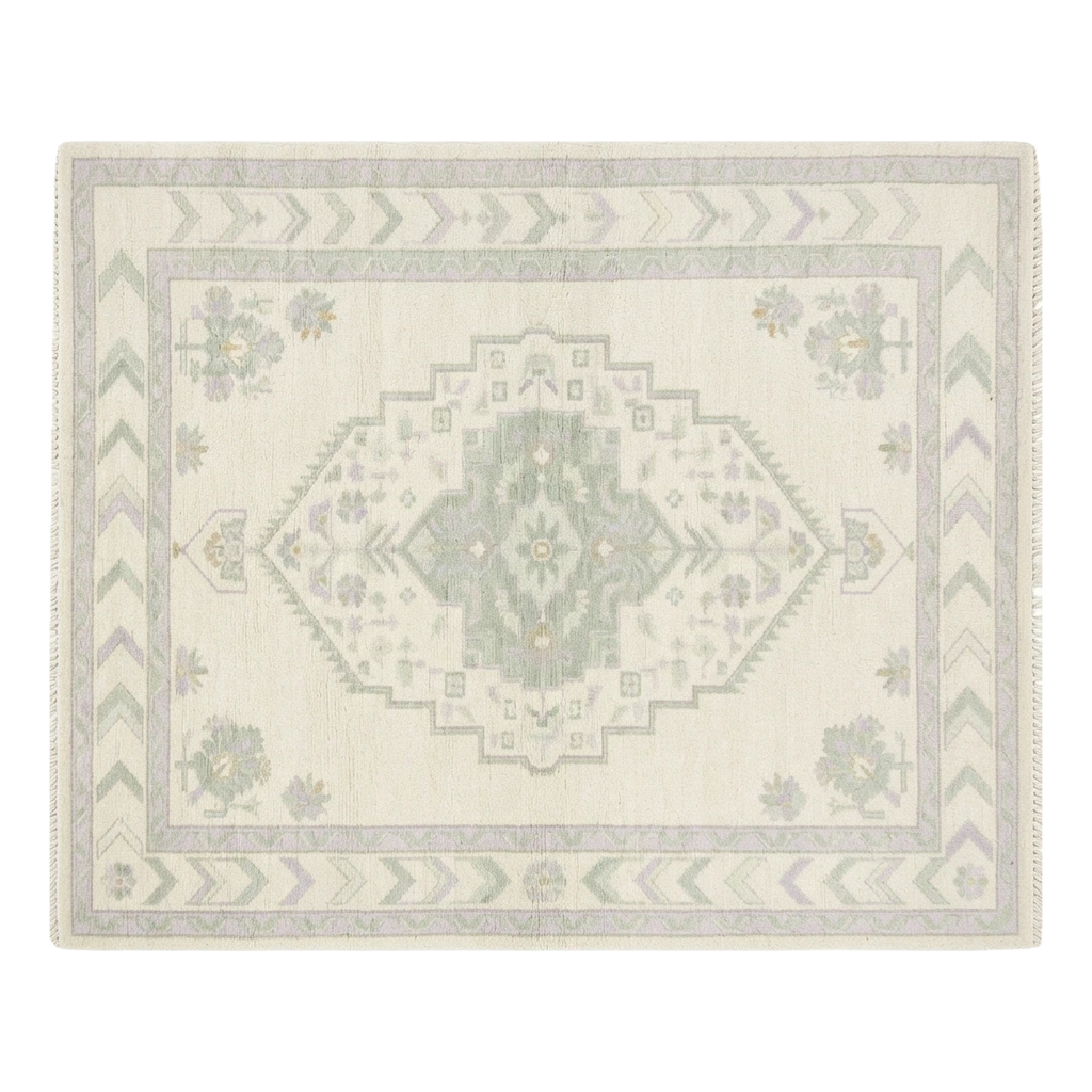 Ivory Hand-Knotted Rug with Sage Medallion and Chevron Border