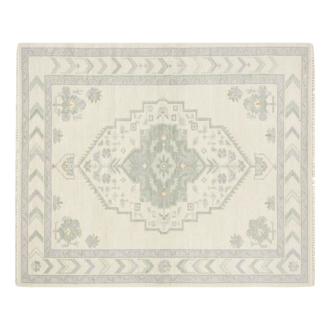 Ivory Hand-Knotted Rug with Sage Medallion and Chevron Border