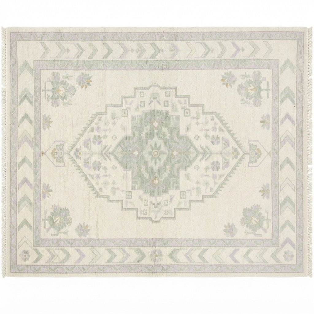 Ivory Hand-Knotted Rug with Sage Medallion and Chevron Border - studio photo
