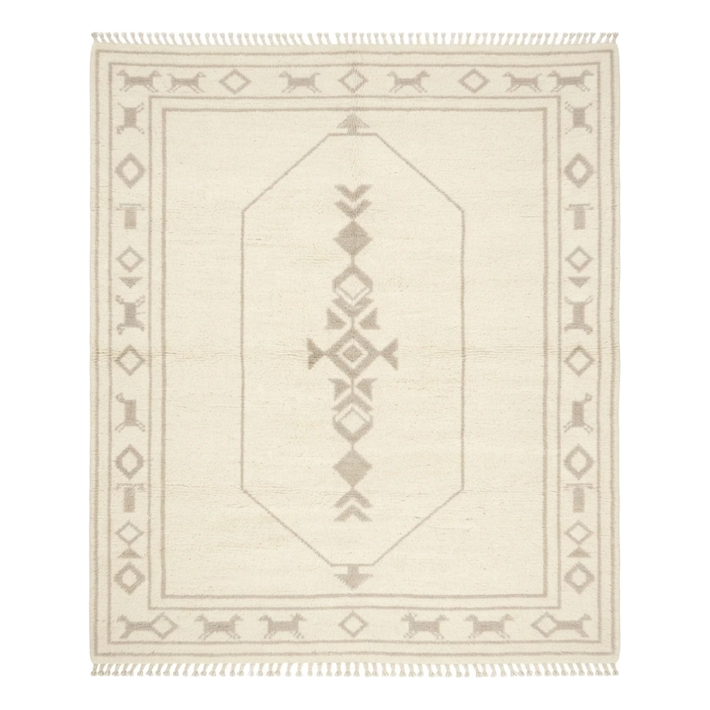 Ivory Hand-Knotted Rug with Taupe Tribal Octagon and Animal Border
