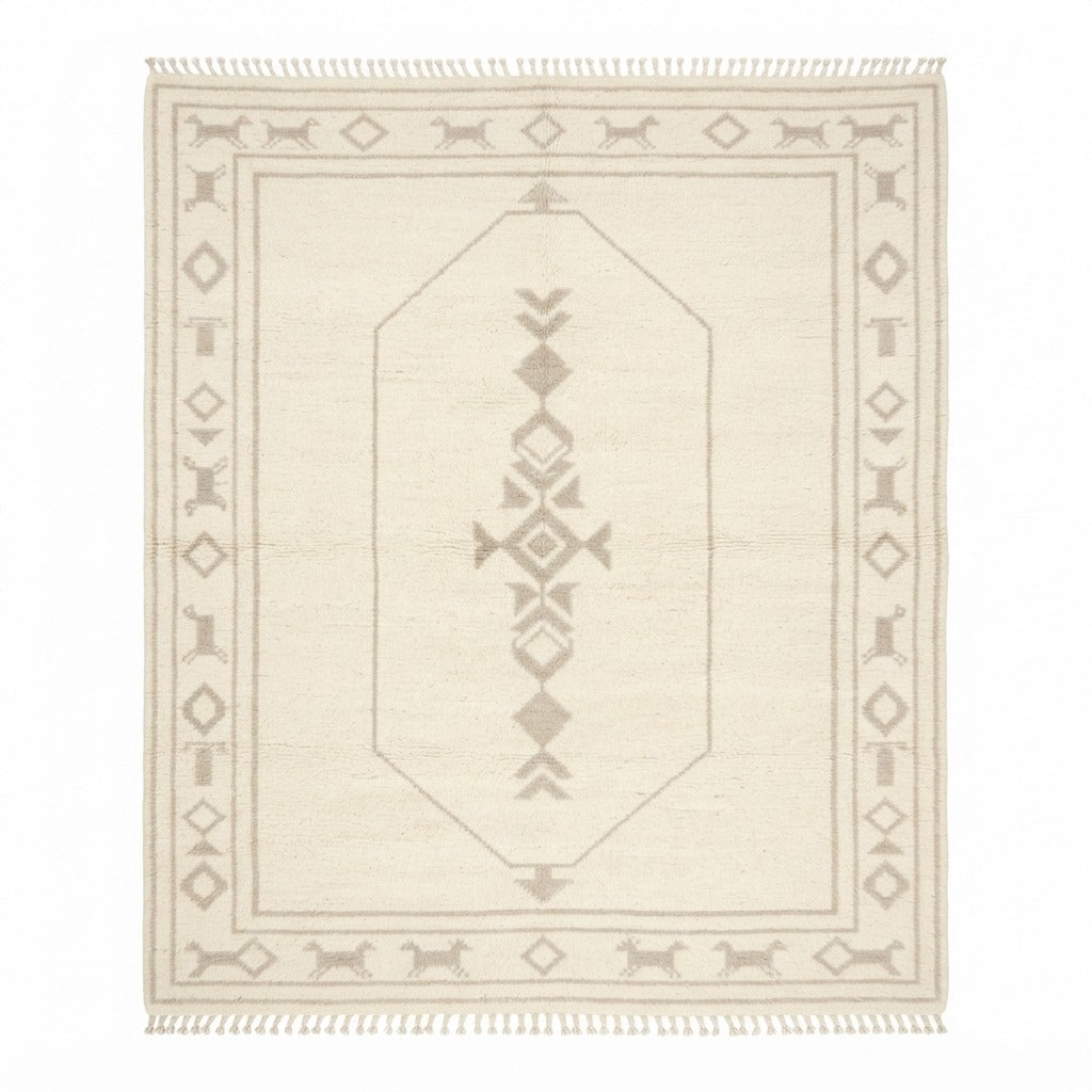 Ivory Hand-Knotted Rug with Taupe Tribal Octagon and Animal Border - studio photo