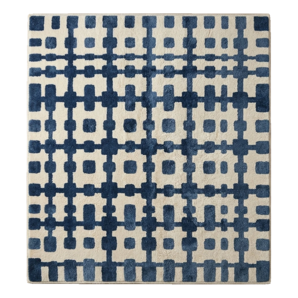 Ivory Hand-Tufted Rug with Navy Beaded Grid