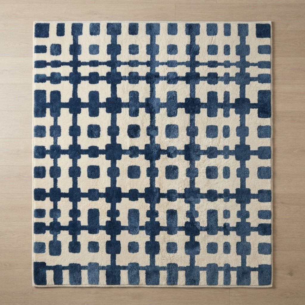 Ivory Hand-Tufted Rug with Navy Beaded Grid - studio photo