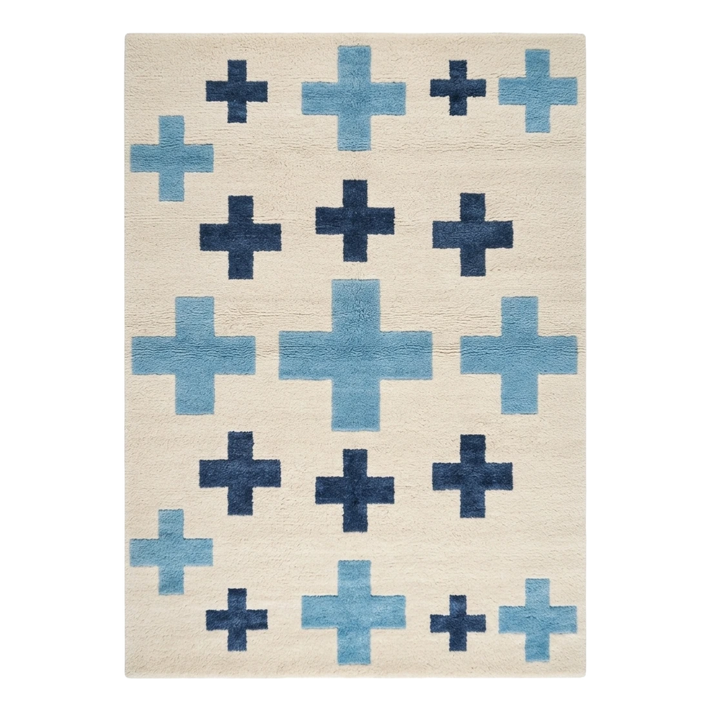 Ivory Hand-Tufted Rug with Navy and Sky Blue Swiss Crosses - alternate view
