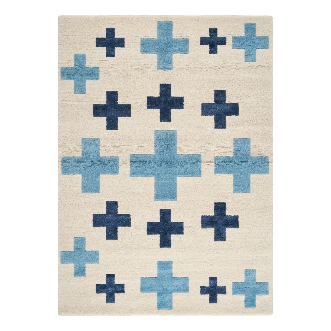 Ivory Hand-Tufted Rug with Navy and Sky Blue Swiss Crosses - alternate view
