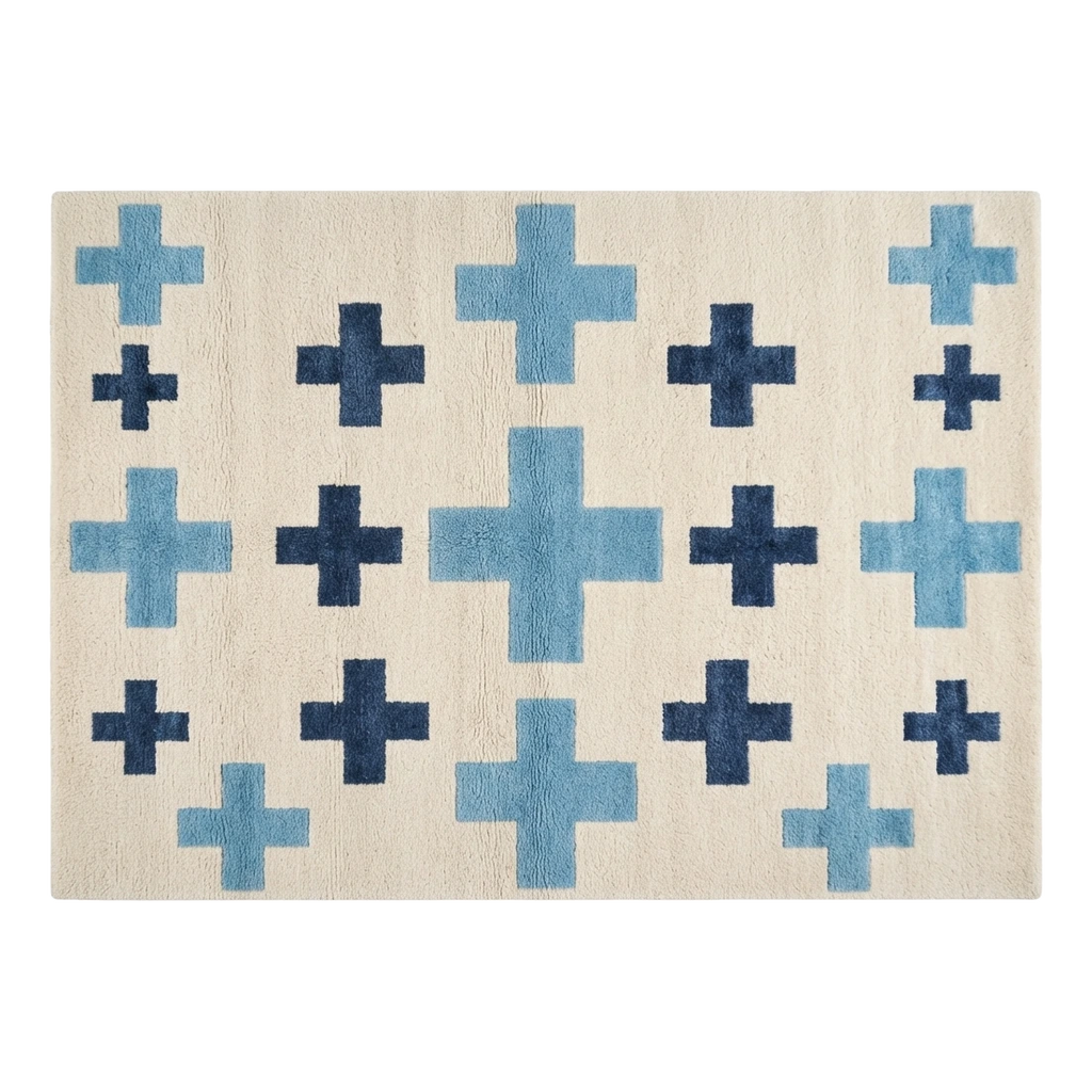 Ivory Hand-Tufted Rug with Navy and Sky Blue Swiss Crosses