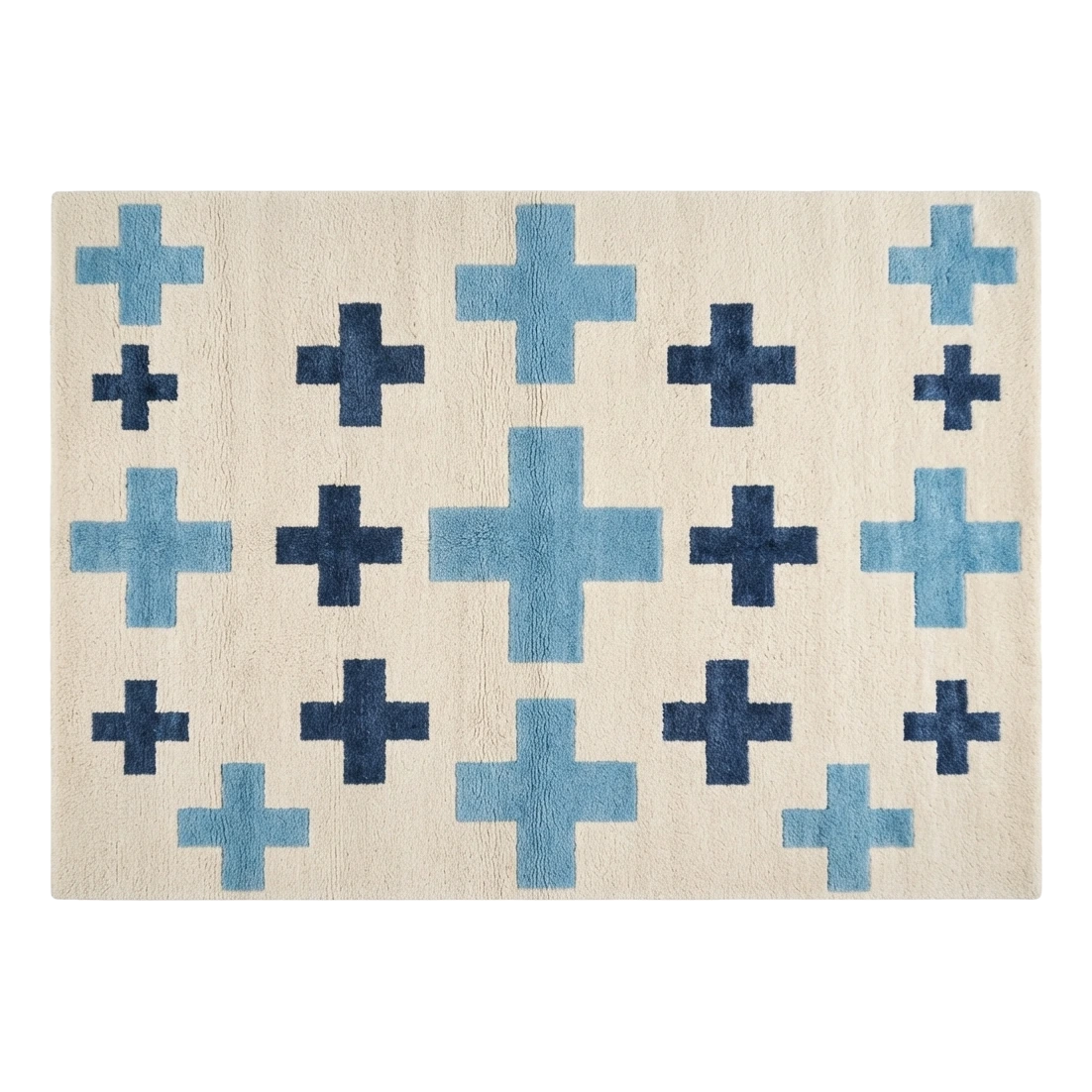 Ivory Hand-Tufted Rug with Navy and Sky Blue Swiss Crosses