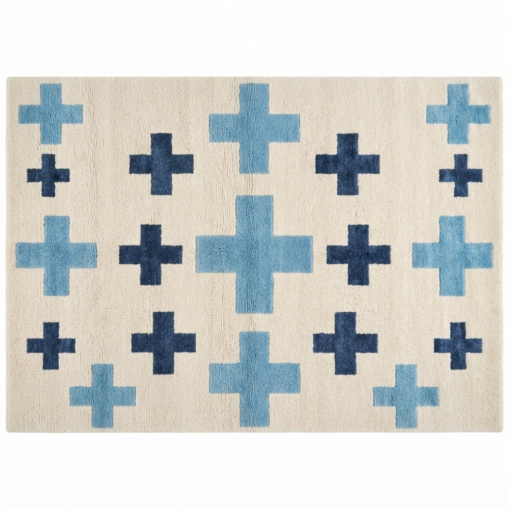 Ivory Hand-Tufted Rug with Navy and Sky Blue Swiss Crosses - studio photo