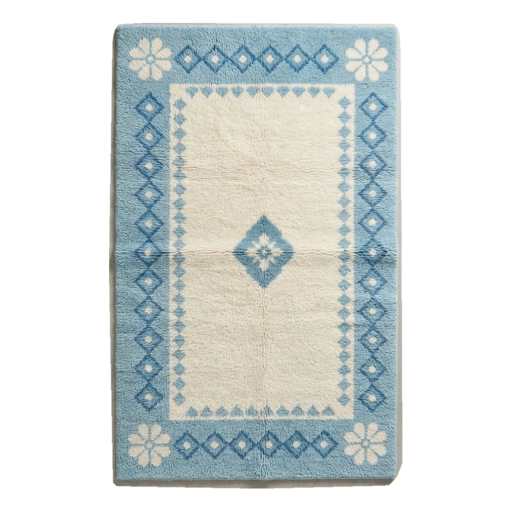 Ivory Hand-Tufted Rug with Sky Blue Diamond Border and Daisy Corners - alternate view