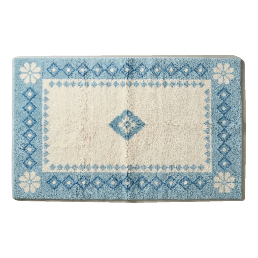 Ivory Hand-Tufted Rug with Sky Blue Diamond Border and Daisy Corners