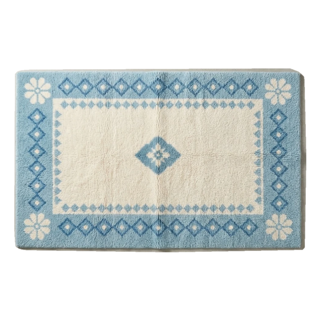Ivory Hand-Tufted Rug with Sky Blue Diamond Border and Daisy Corners