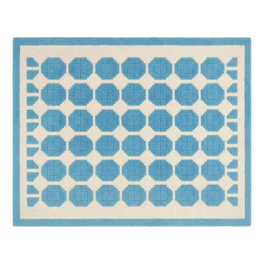 Ivory Hand-Tufted Rug with Sky Blue Octagon Tiles - alternate view