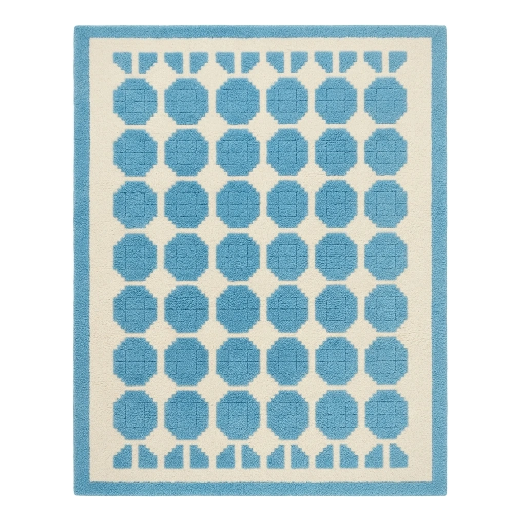 Ivory Hand-Tufted Rug with Sky Blue Octagon Tiles