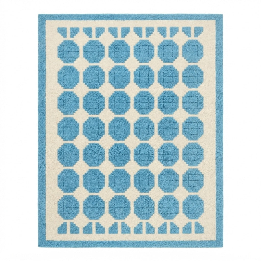 Ivory Hand-Tufted Rug with Sky Blue Octagon Tiles - studio photo
