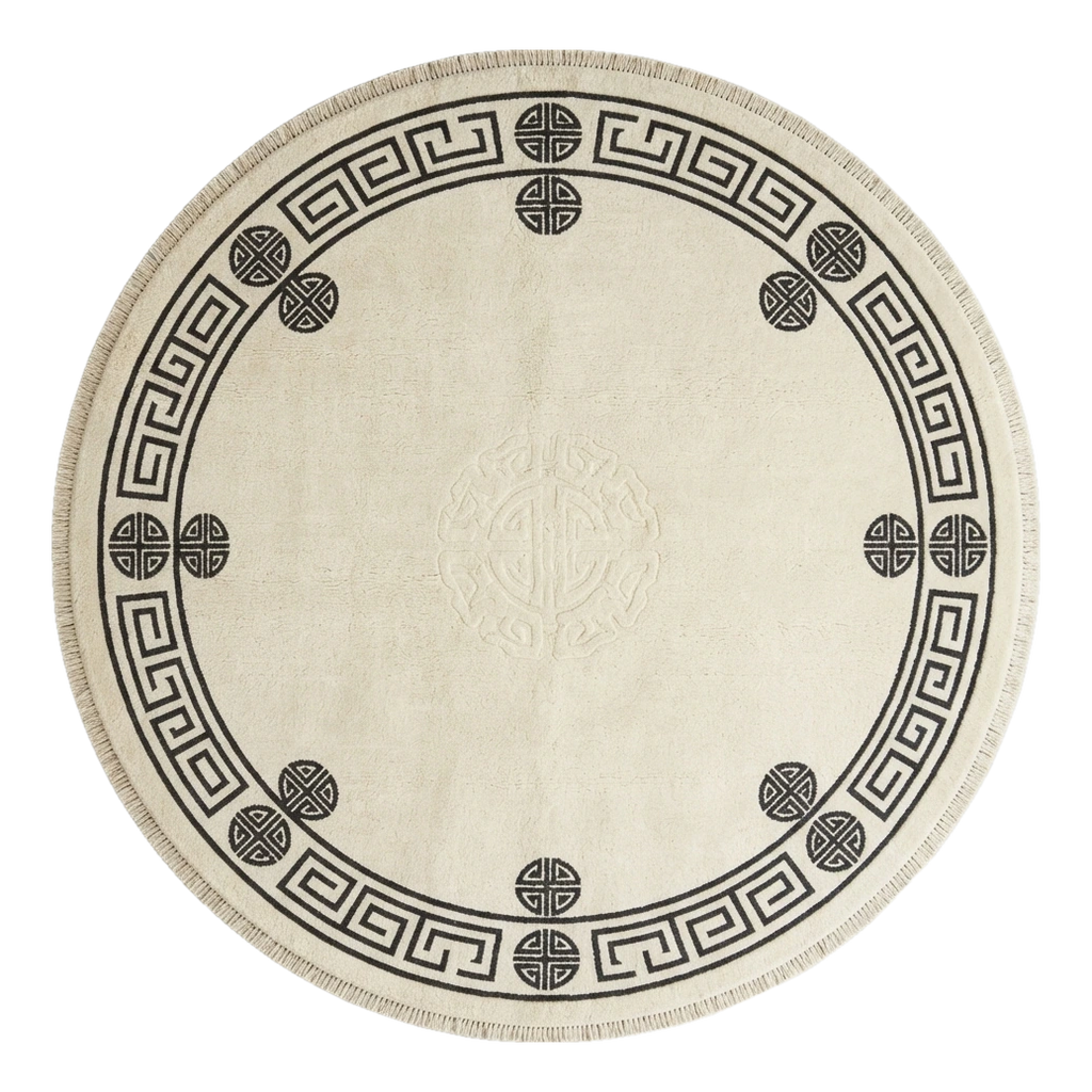 Ivory Round Hand-Knotted Rug with Black Greek Key Border - alternate view
