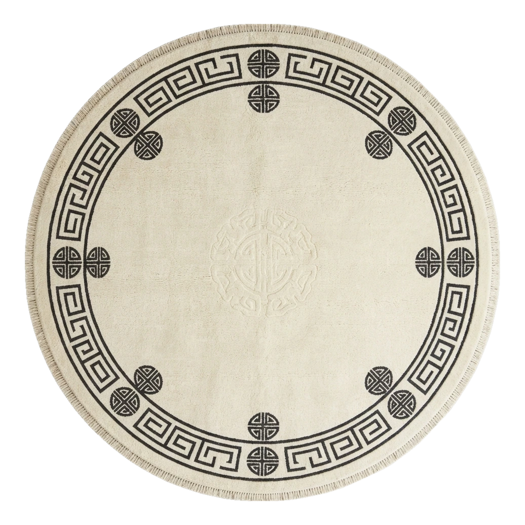 Ivory Round Hand-Knotted Rug with Black Greek Key Border - alternate view