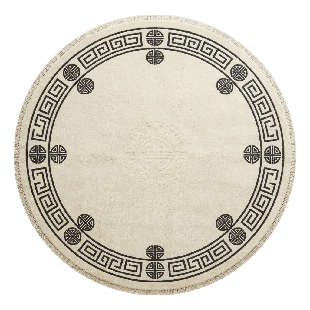 Ivory Round Hand-Knotted Rug with Black Greek Key Border