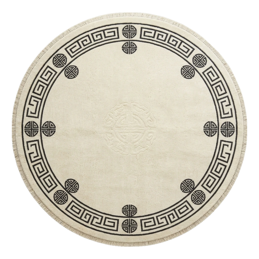 Ivory Round Hand-Knotted Rug with Black Greek Key Border