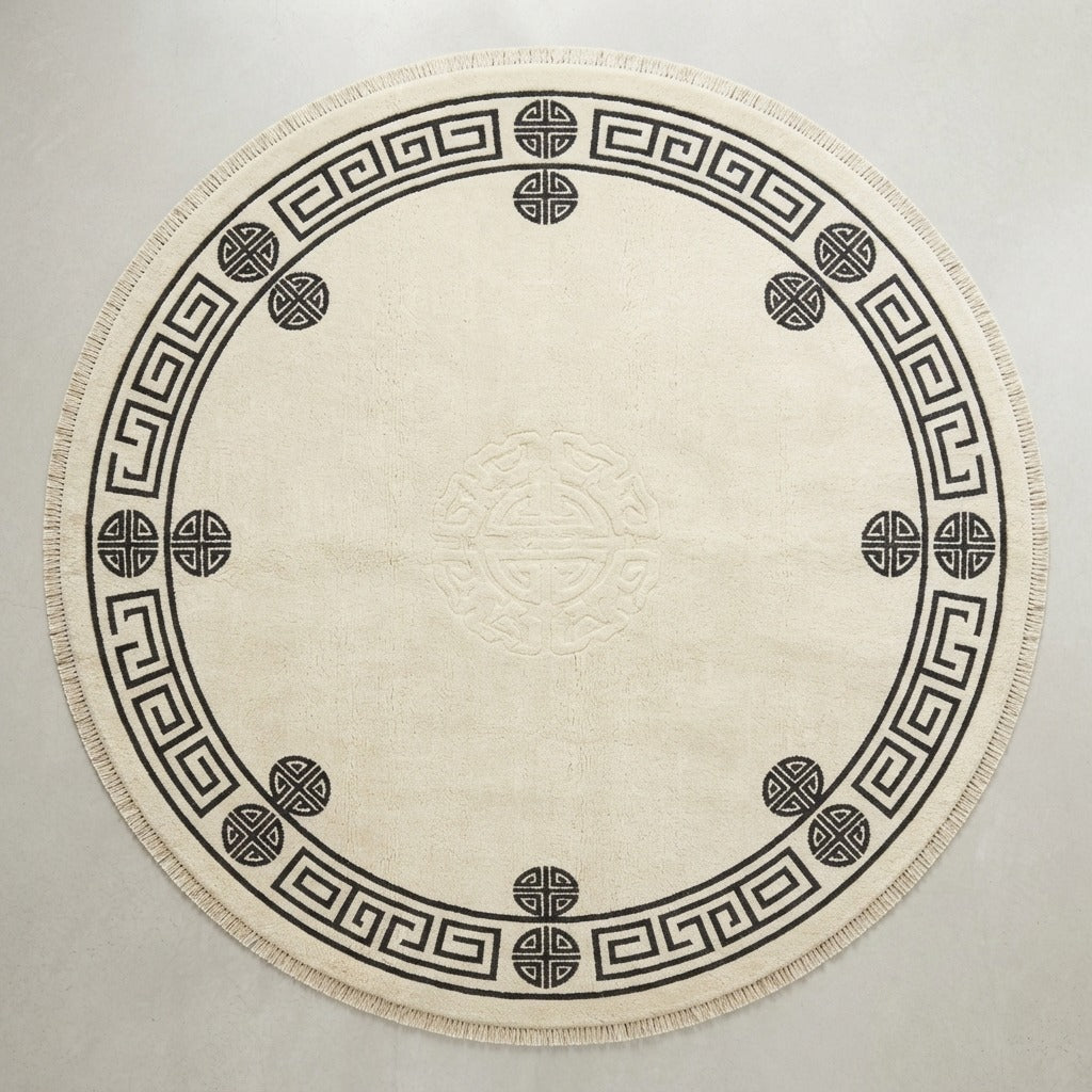 Ivory Round Hand-Knotted Rug with Black Greek Key Border - studio photo