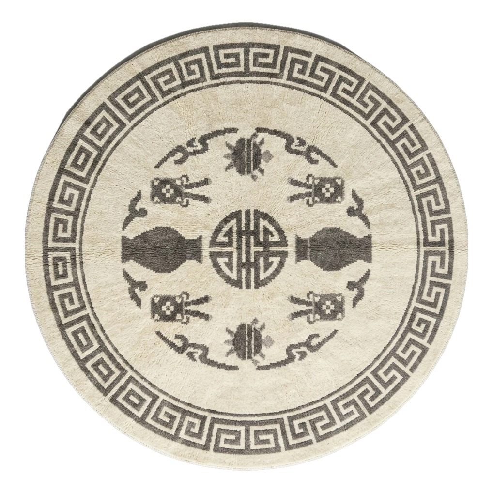 Ivory Round Hand-Knotted Rug with Charcoal Greek Key Border - alternate view