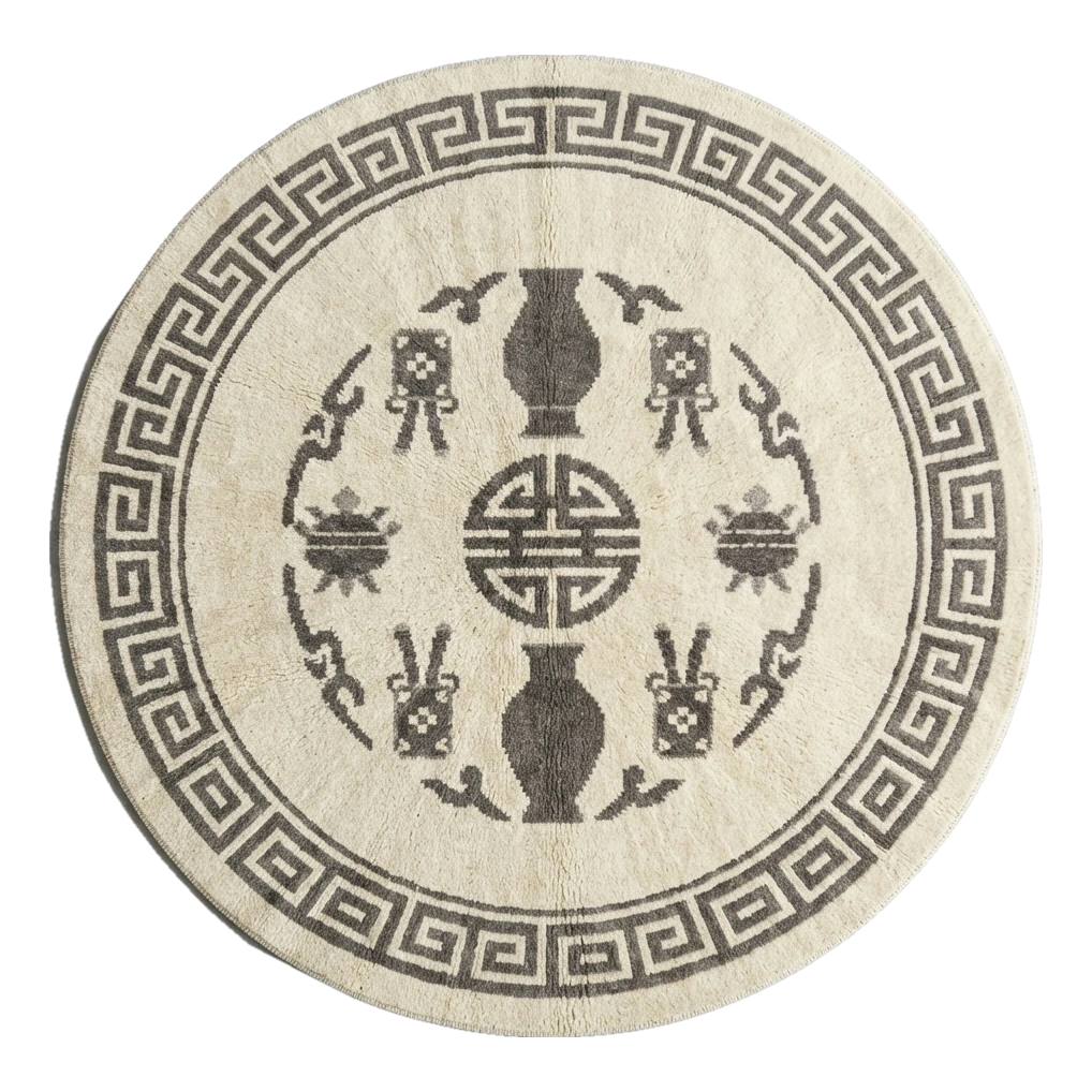 Ivory Round Hand-Knotted Rug with Charcoal Greek Key Border