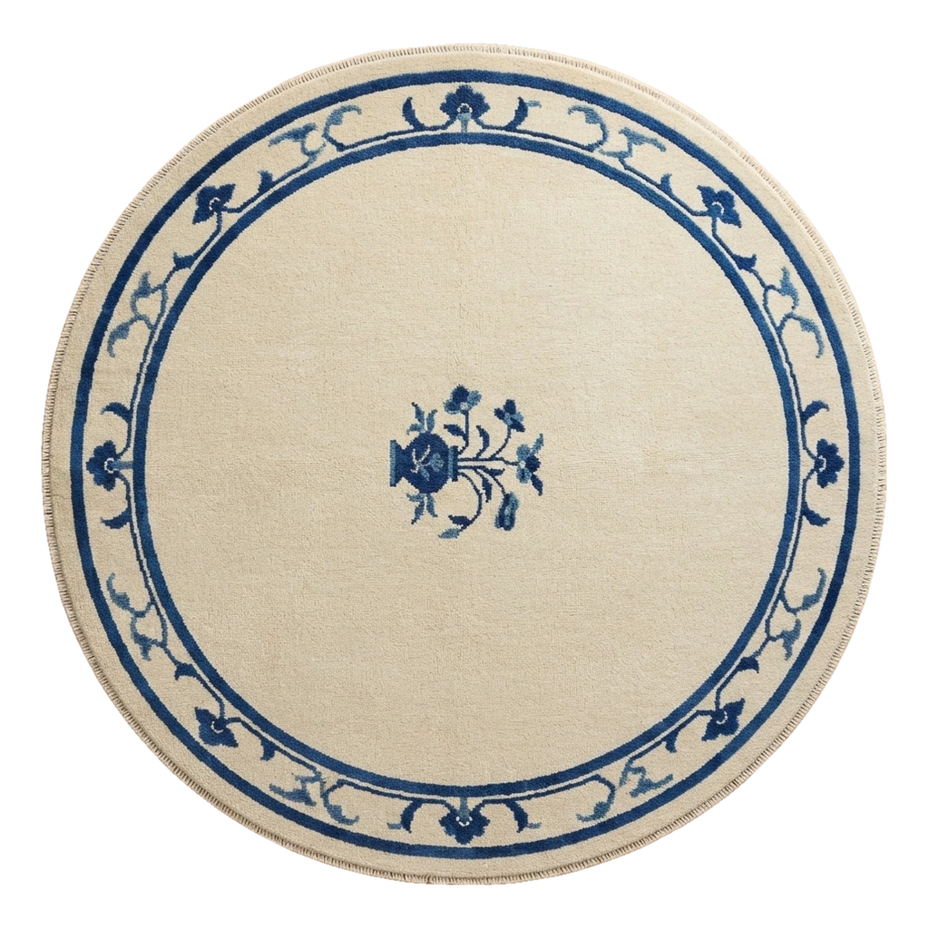 Ivory Round Hand-Knotted Rug with Cobalt Floral Vine Border - alternate view