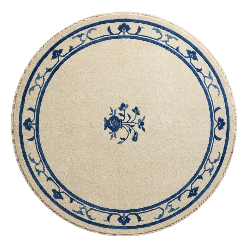Ivory Round Hand-Knotted Rug with Cobalt Floral Vine Border - alternate view