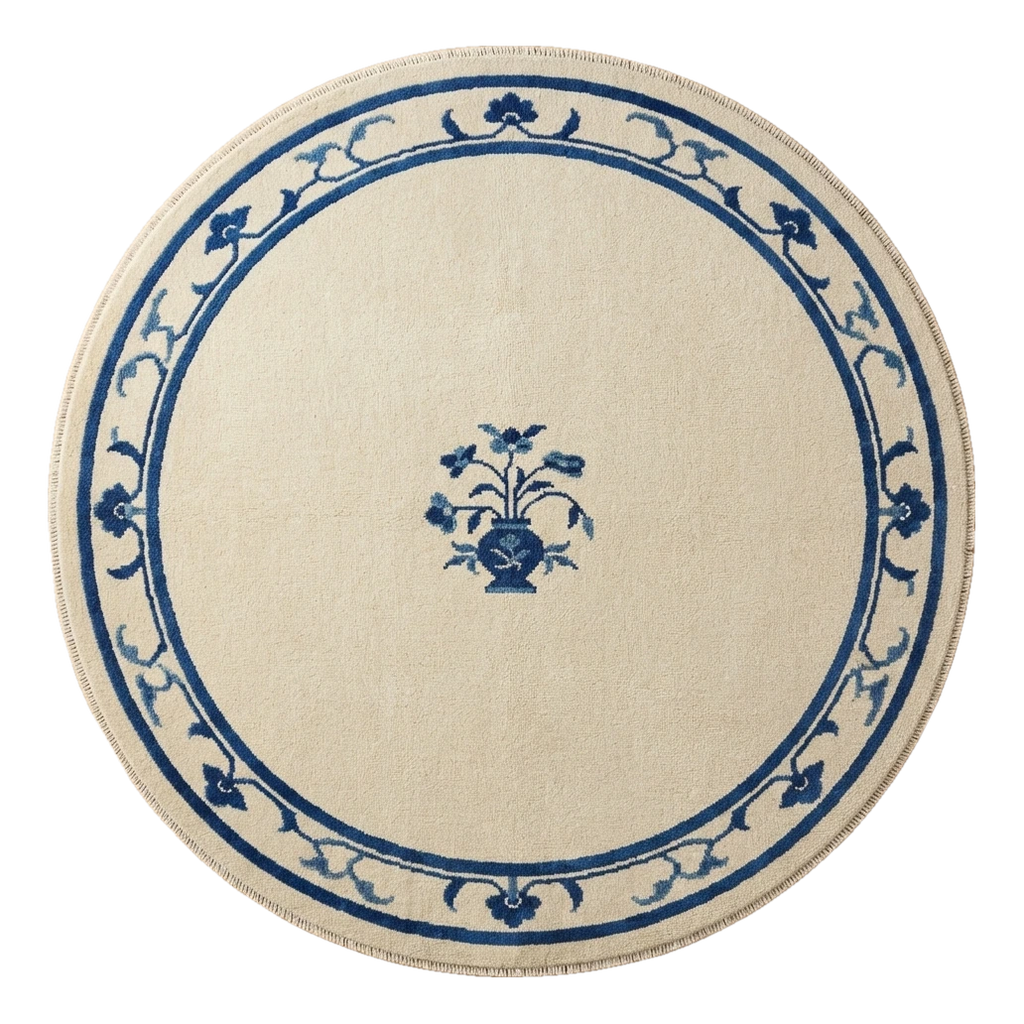 Ivory Round Hand-Knotted Rug with Cobalt Floral Vine Border