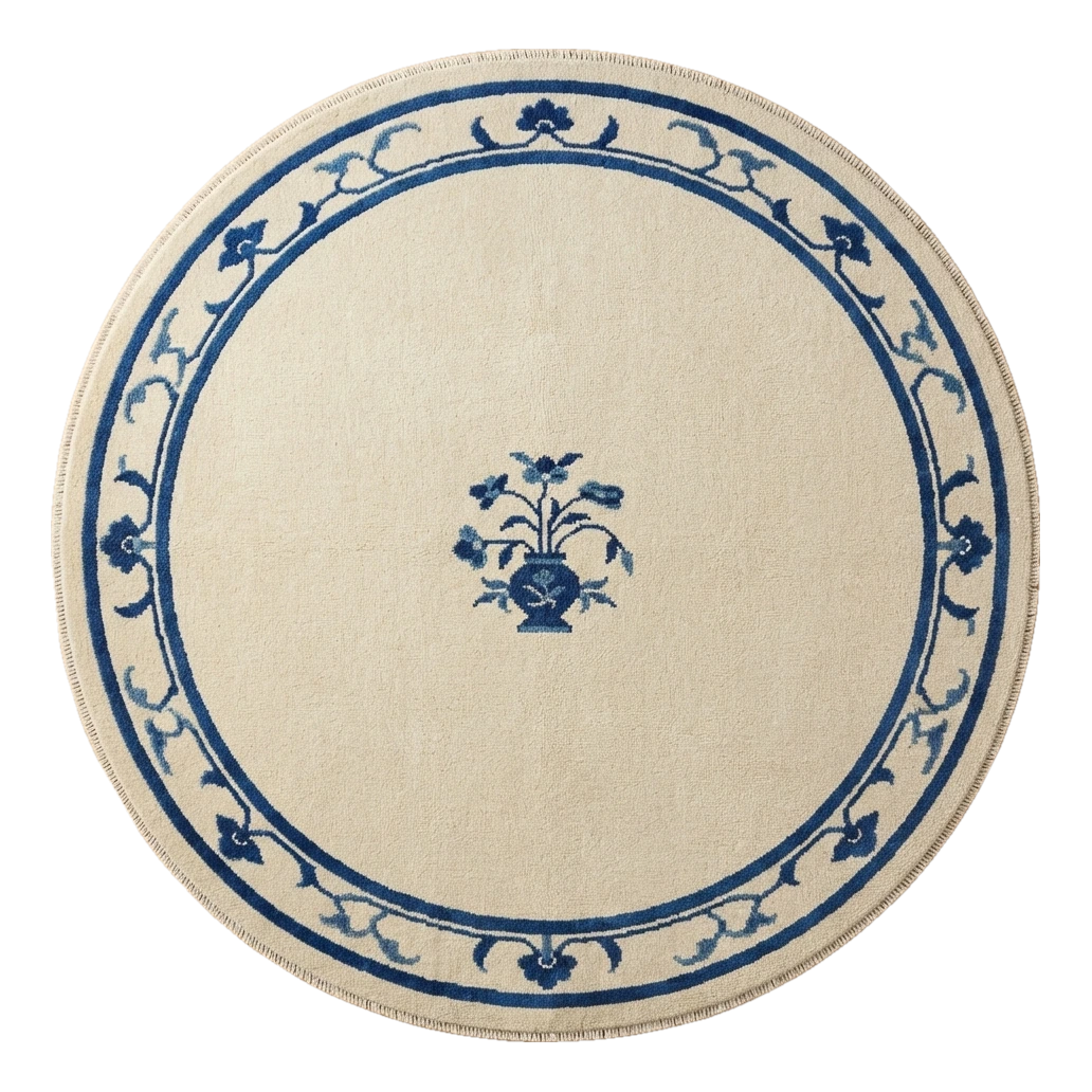 Ivory Round Hand-Knotted Rug with Cobalt Floral Vine Border