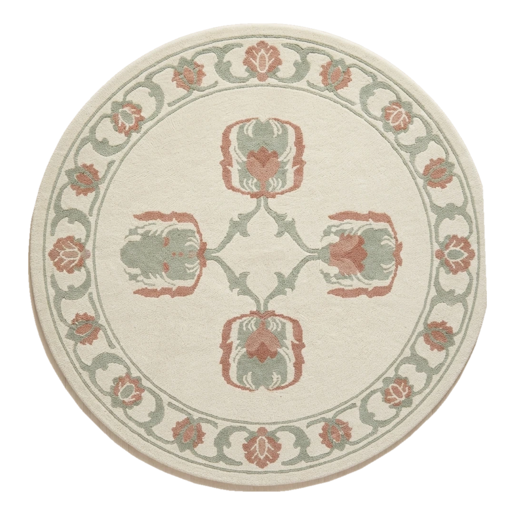 Ivory Round Hand-Tufted Rug with Coral and Sage Floral Motifs - alternate view