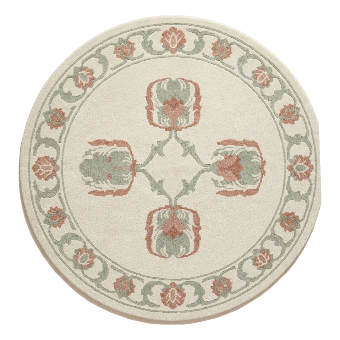 Ivory Round Hand-Tufted Rug with Coral and Sage Floral Motifs - alternate view