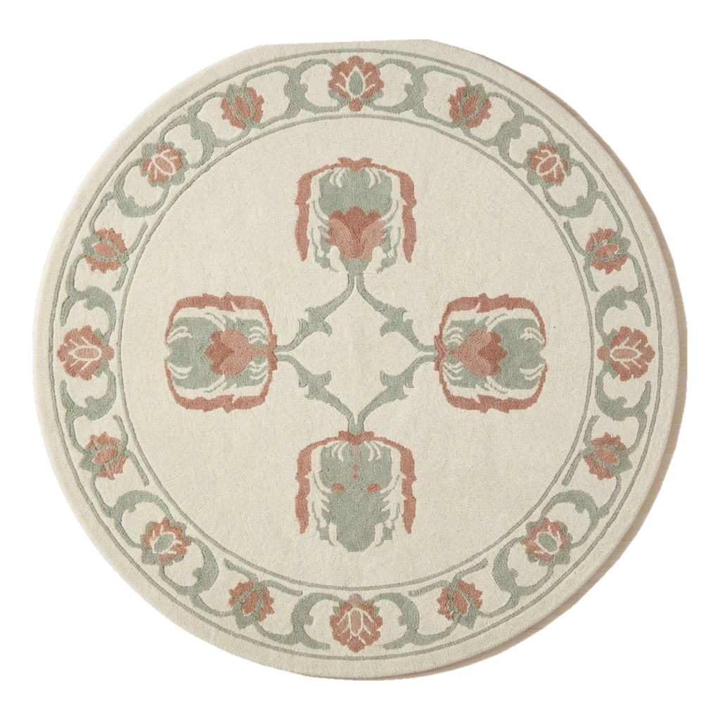 Ivory Round Hand-Tufted Rug with Coral and Sage Floral Motifs