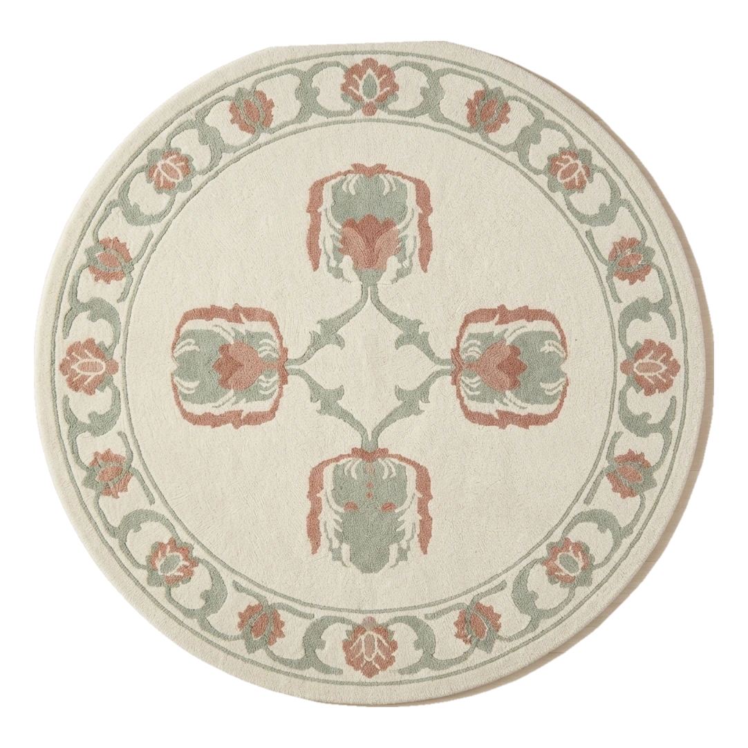 Ivory Round Hand-Tufted Rug with Coral and Sage Floral Motifs