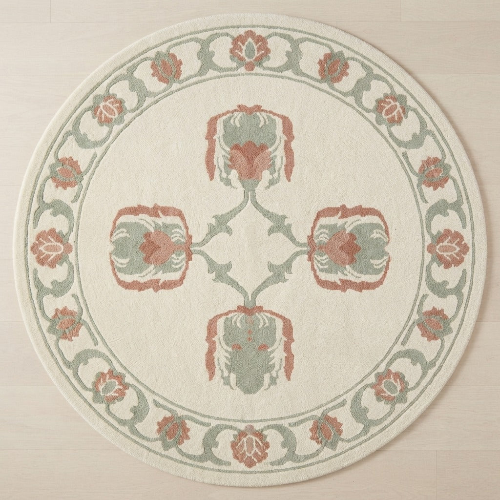 Ivory Round Hand-Tufted Rug with Coral and Sage Floral Motifs - studio photo