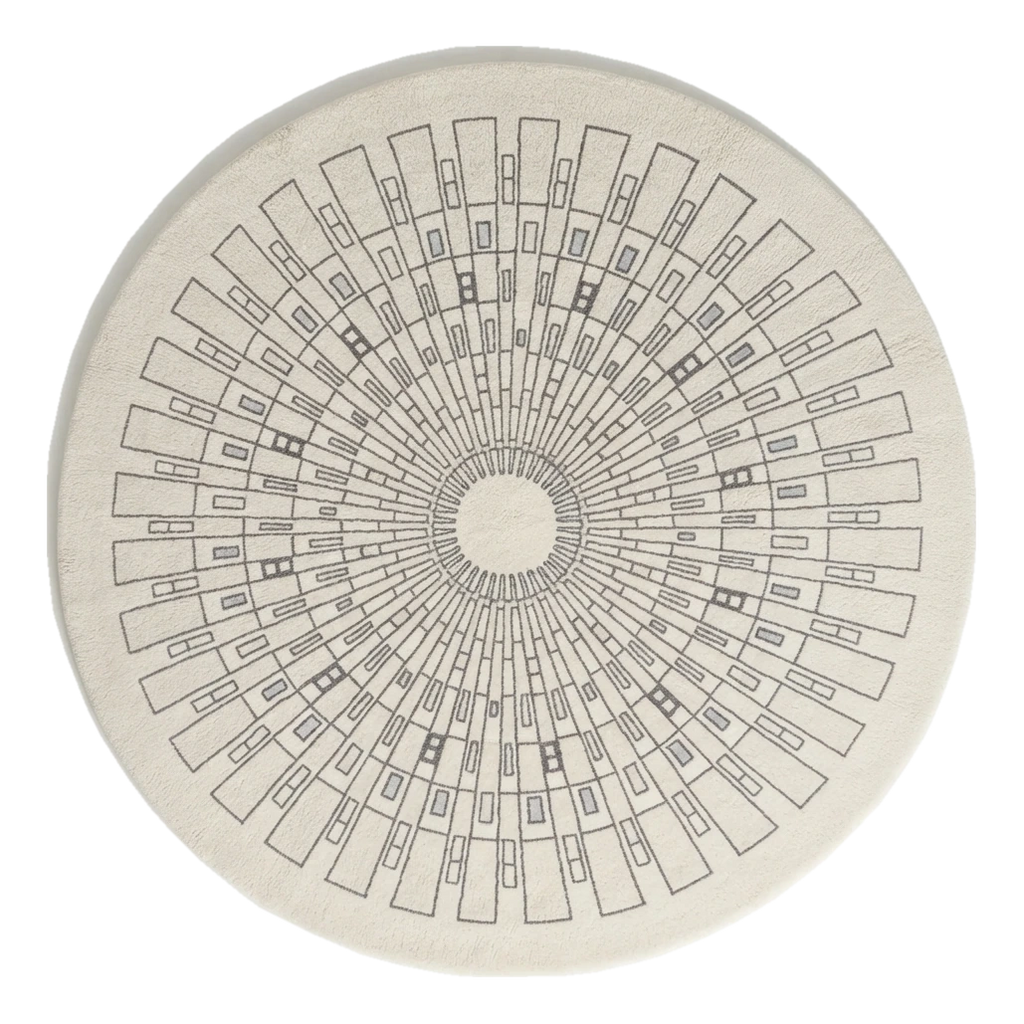 Ivory Round Hand-Tufted Rug with Grey Art Deco Sunburst - alternate view