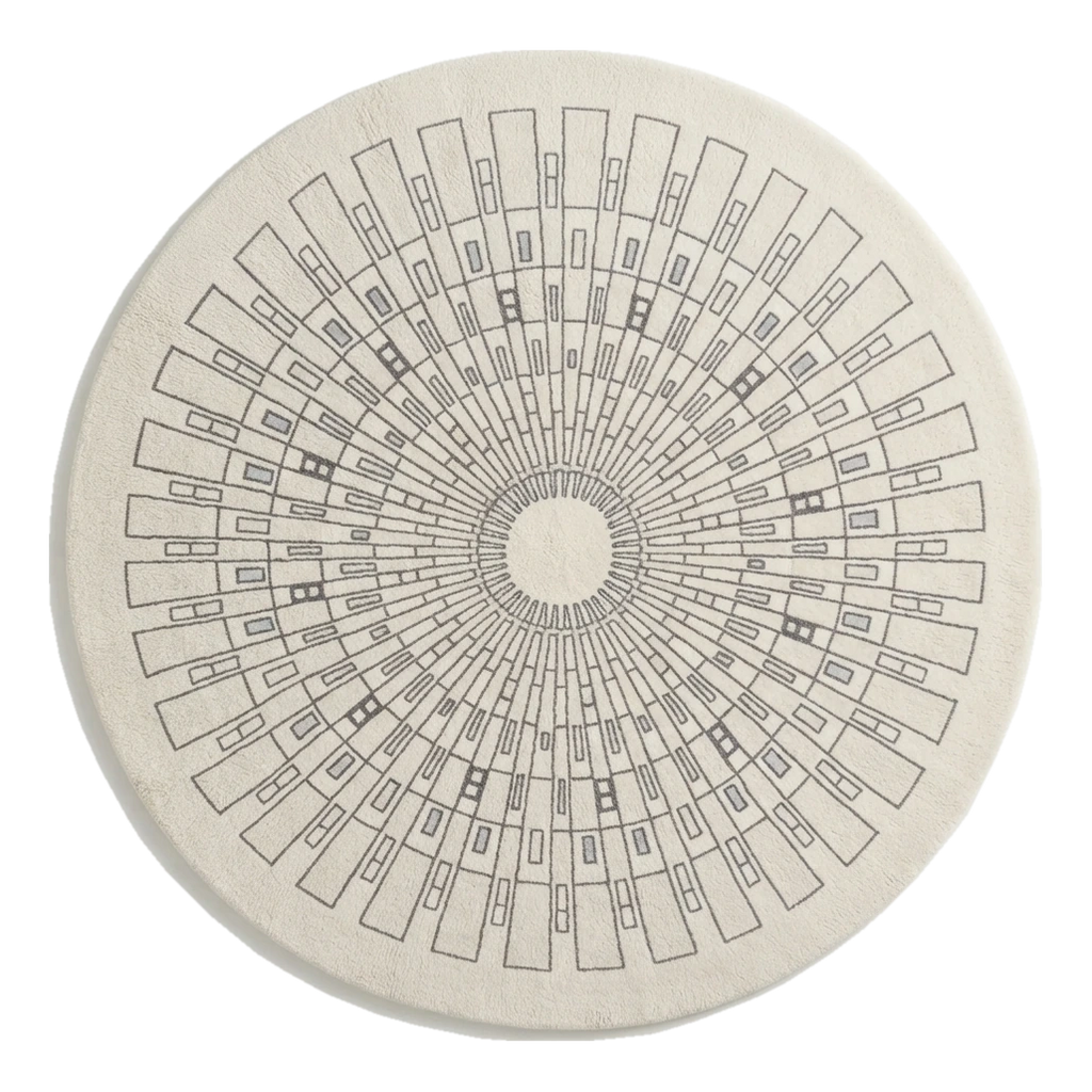 Ivory Round Hand-Tufted Rug with Grey Art Deco Sunburst