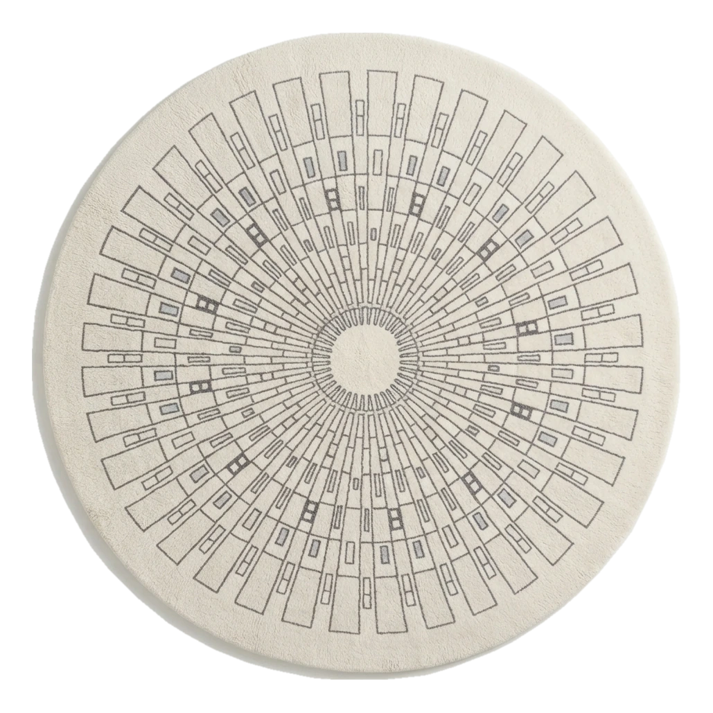 Ivory Round Hand-Tufted Rug with Grey Art Deco Sunburst