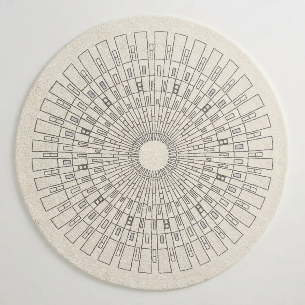 Ivory Round Hand-Tufted Rug with Grey Art Deco Sunburst - studio photo