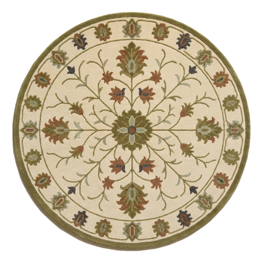 Ivory Round Hand-Tufted Rug with Olive Floral Vine Medallion - alternate view
