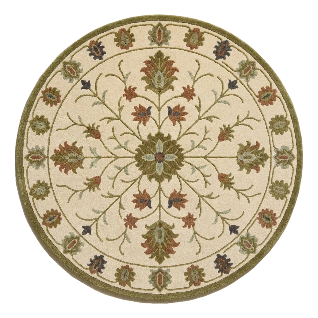 Ivory Round Hand-Tufted Rug with Olive Floral Vine Medallion - alternate view