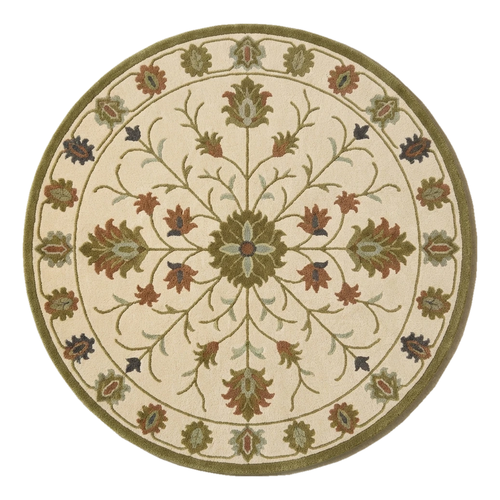 Ivory Round Hand-Tufted Rug with Olive Floral Vine Medallion