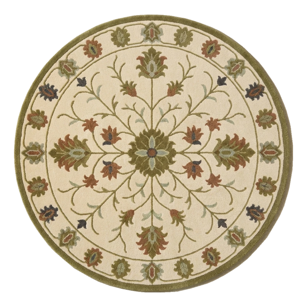 Ivory Round Hand-Tufted Rug with Olive Floral Vine Medallion