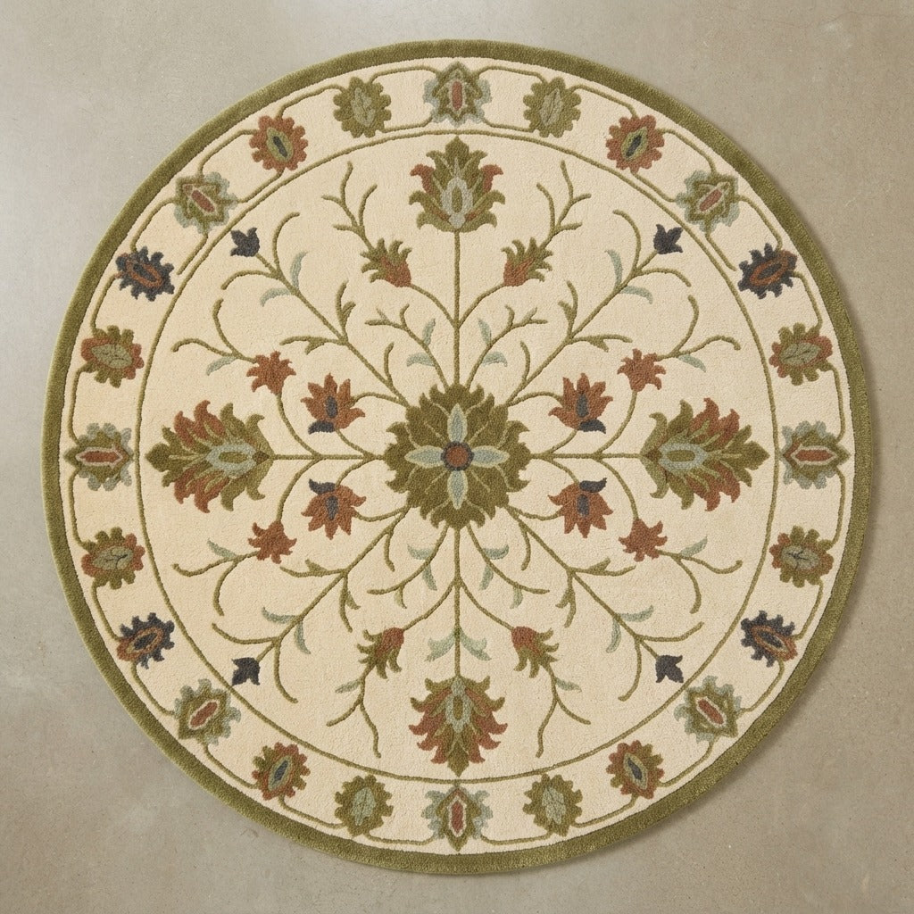 Ivory Round Hand-Tufted Rug with Olive Floral Vine Medallion - studio photo