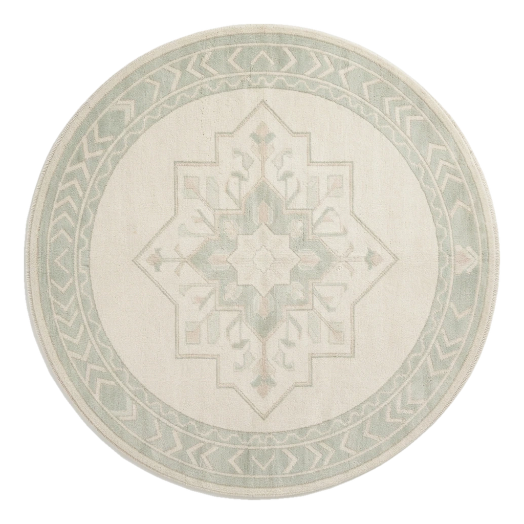 Ivory Round Medallion Hand-Knotted Rug with Sage Chevron Border - alternate view