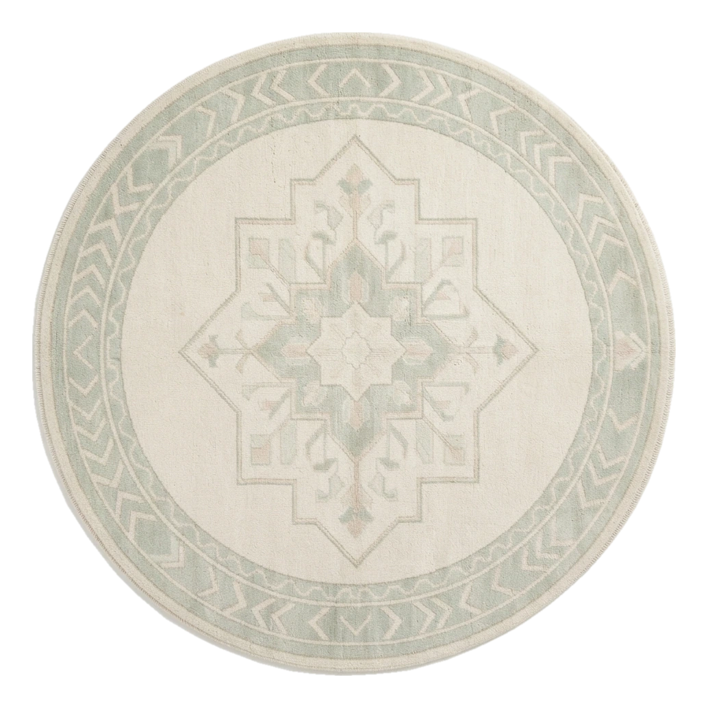 Ivory Round Medallion Hand-Knotted Rug with Sage Chevron Border - alternate view