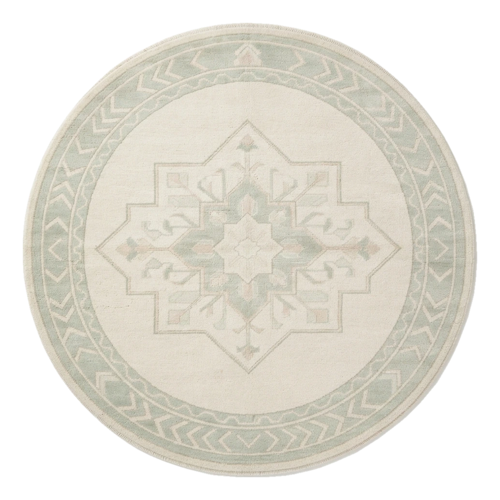 Ivory Round Medallion Hand-Knotted Rug with Sage Chevron Border