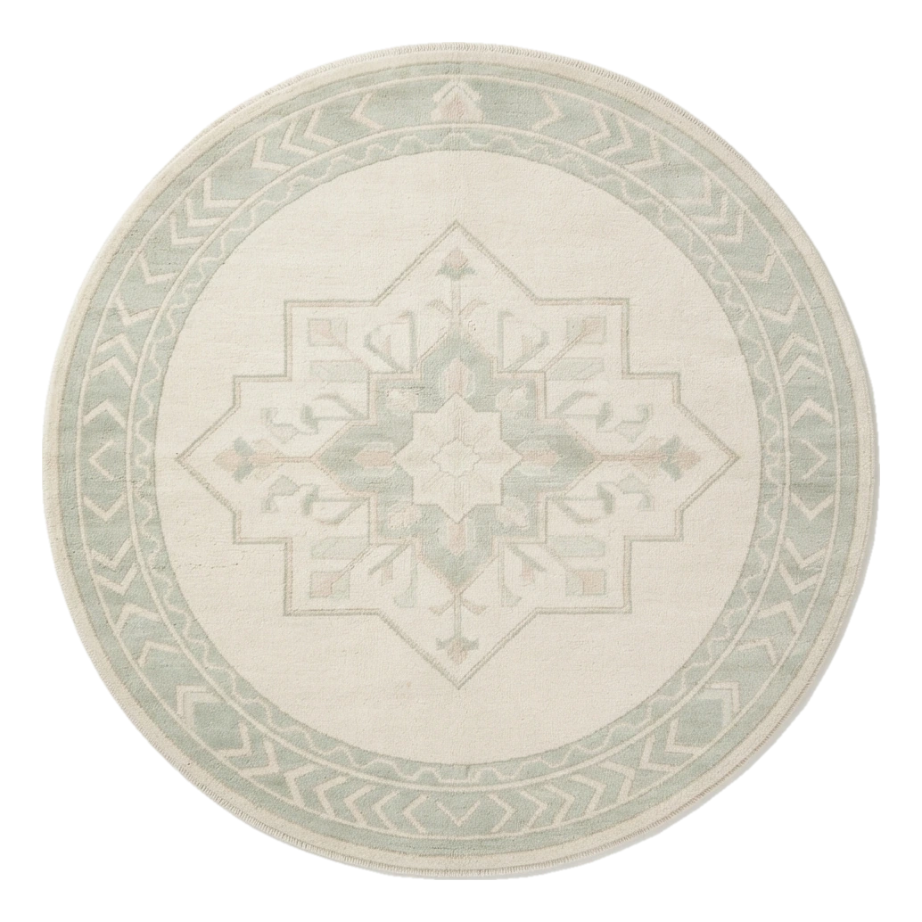Ivory Round Medallion Hand-Knotted Rug with Sage Chevron Border